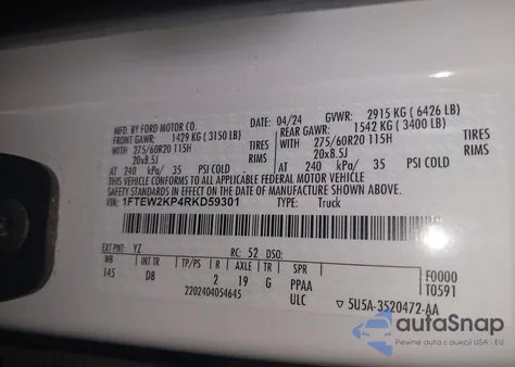 2024 Ford F-150 Stx из США, поврежденный, VIN 1FTEW2KP4RKD59301